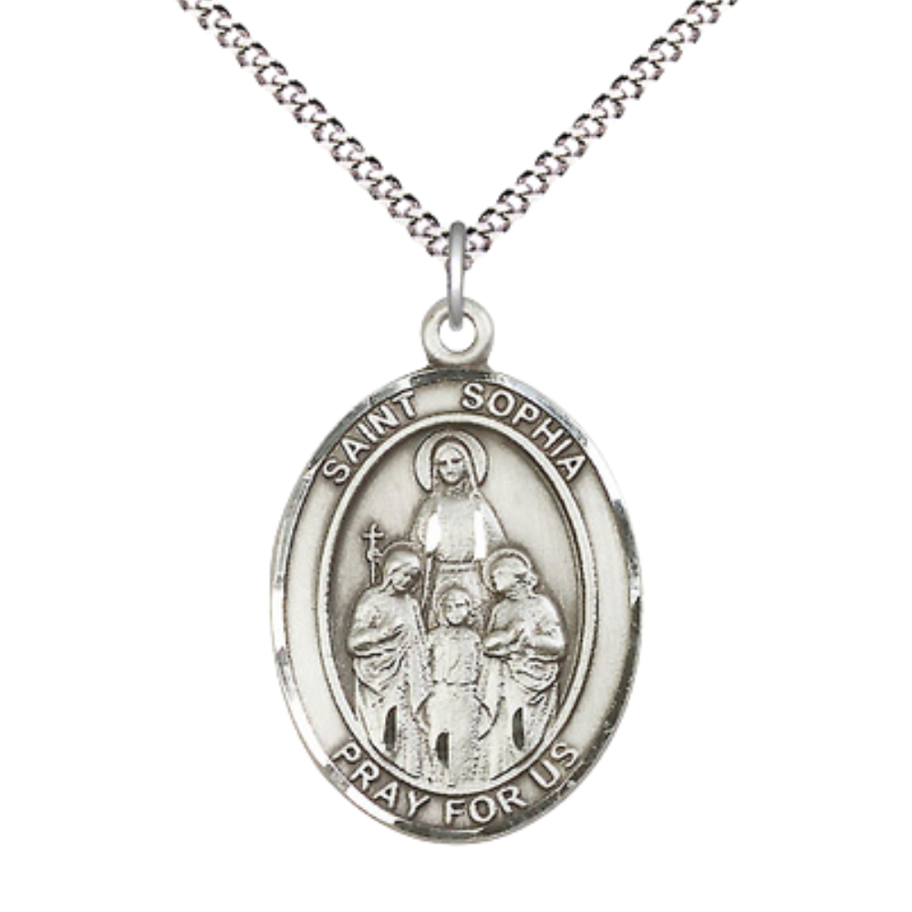 Women's .925 Sterling Silver Saint St. Sophia Medal Pendant on 18 Inch Rhodium Plated Lite Curb Brass Chain w/ Lobster Claw Clasp, Catholic Religious Necklace - Made in USA- Deluxe Velvet Gift Box