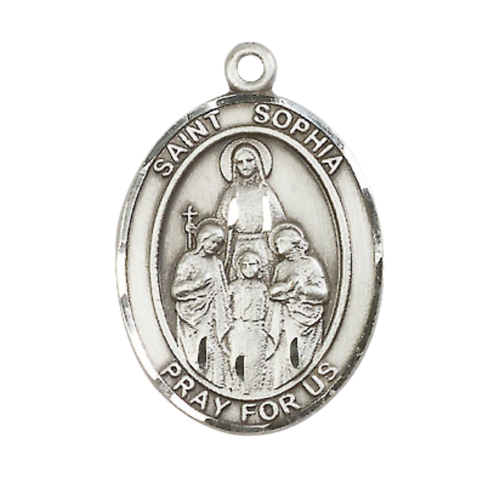 Mens 1 x 3/4" Oval Pewter Saint St. Sophia Medal Pendant on 24 Inch Rhodium Plated Heavy Curb Brass Chain with Lobster Claw clasp, Catholic Religious Necklace - Made in USA - Deluxe Velvet Gift Box
