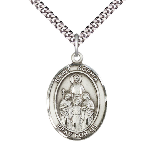 Mens 1 x 3/4" Oval Pewter Saint St. Sophia Medal Pendant on 24 Inch Rhodium Plated Heavy Curb Brass Chain with Lobster Claw clasp, Catholic Religious Necklace - Made in USA - Deluxe Velvet Gift Box