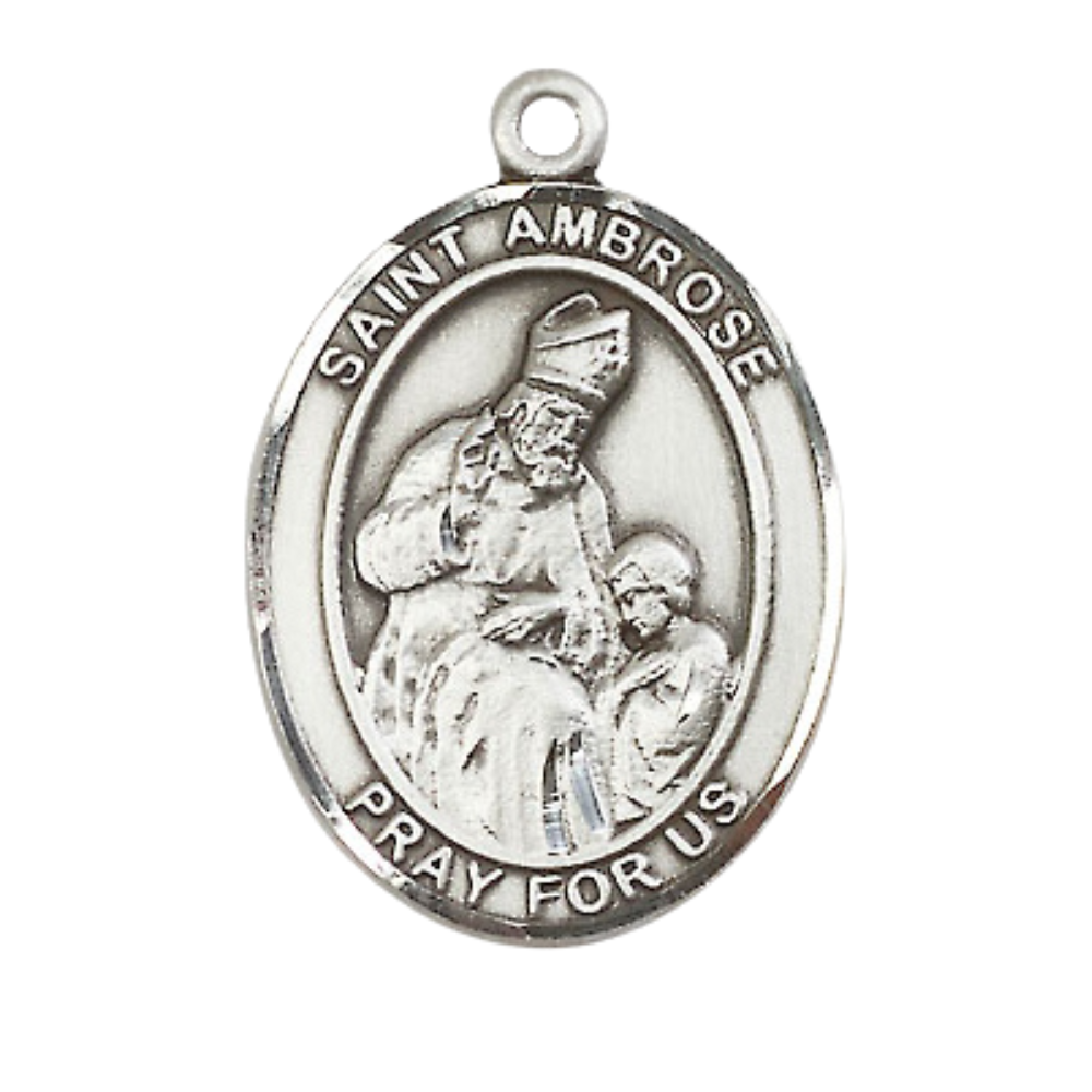 Women's Pewter Saint St. Ambrose Medal Pendant on 18 Inch Rhodium Plated Lite Curb Brass Chain w/Lobster Claw Clasp, Catholic Religious Necklace - Made in USA- Deluxe Velvet Gift Box