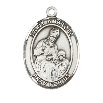 Women's .925 Sterling Silver Saint St. Ambrose Medal Pendant on 18 Inch Rhodium Plated Lite Curb Brass Chain w/ Lobster Claw Clasp, Catholic Religious Necklace - Made in USA- Deluxe Velvet Gift Box