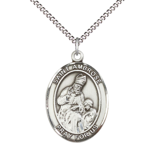 Women's Pewter Saint St. Ambrose Medal Pendant on 18 Inch Rhodium Plated Lite Curb Brass Chain w/Lobster Claw Clasp, Catholic Religious Necklace - Made in USA- Deluxe Velvet Gift Box