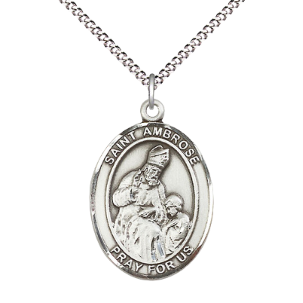 Women's .925 Sterling Silver Saint St. Ambrose Medal Pendant on 18 Inch Rhodium Plated Lite Curb Brass Chain w/ Lobster Claw Clasp, Catholic Religious Necklace - Made in USA- Deluxe Velvet Gift Box