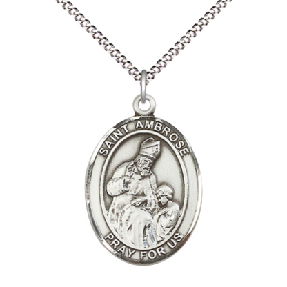 Women's .925 Sterling Silver Saint St. Ambrose Medal Pendant on 18 Inch Rhodium Plated Lite Curb Brass Chain w/ Lobster Claw Clasp, Catholic Religious Necklace - Made in USA- Deluxe Velvet Gift Box
