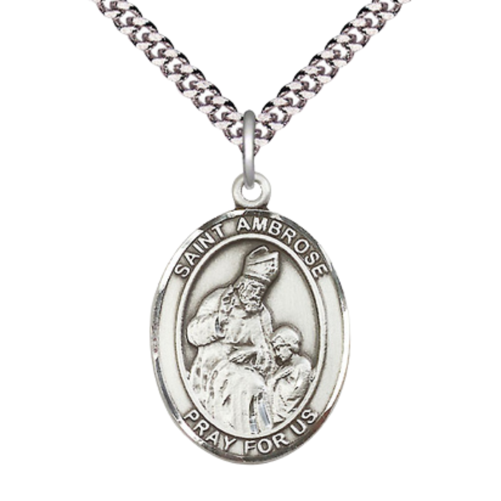 Saint St. Ambrose Medal Necklace – Men's .925 Sterling Silver Pendant on 24 Inch Light Rhodium Plated Heavy Curb Chain – Catholic Patron Saint St. of Beekeepers & Candlemakers – Velvet Gift Box Included