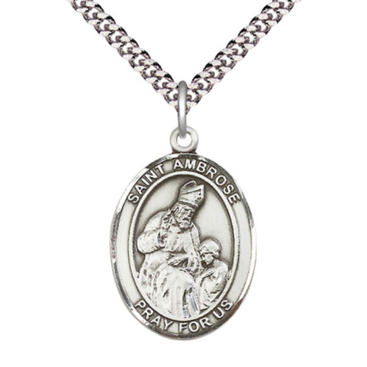 Saint St. Ambrose Medal Necklace – Men's .925 Sterling Silver Pendant on 24 Inch Light Rhodium Plated Heavy Curb Chain – Catholic Patron Saint St. of Beekeepers & Candlemakers – Velvet Gift Box Included