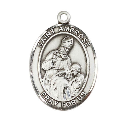 Mens Oval .925 Sterling Silver Saint Ambrose Medal Pendant on 24" Rhodium Plated Heavy Curb Brass Chain with Lobster Claw clasp, Catholic Religious Necklace -Made in USA- Velvet Gift Box