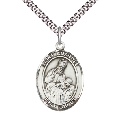 Saint Ambrose Medal Necklace – Men's Pewter Pendant on 24” Light Endless Rhodium Plated Chain – Catholic Patron Saint of Beekeepers & Candlemakers – Velvet Gift Box Included