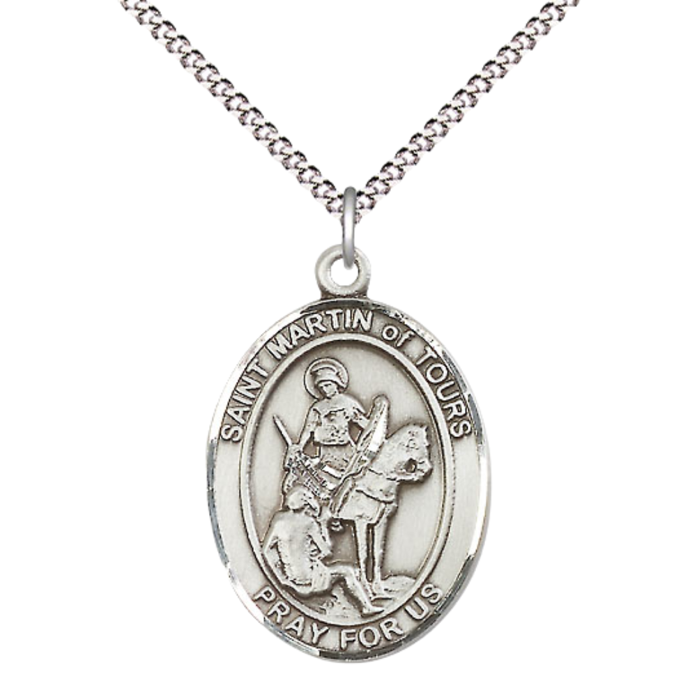 Everlasting Light Jewelry Women's Pewter Patron Saint St. Martin of Tours Medal Pendant with 18 Inch Rhodium Plated Lite Curb Brass Chain Catholic Religious Necklace - Made in USA, Deluxe Velvet Gift Box