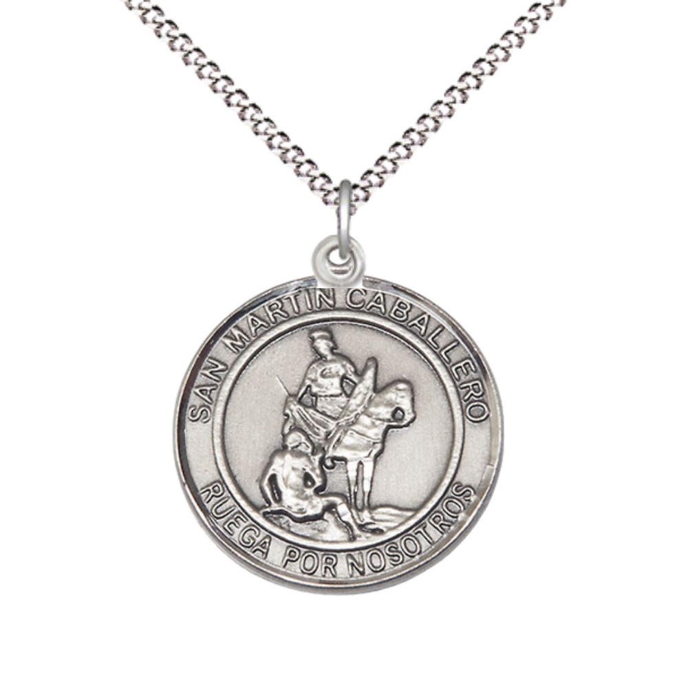 Everlasting Light Jewelry Women's Pewter Patron Saint St. Martin of Tours Medal Pendant with 18 Inch Rhodium- Plated Lite Curb Brass Chain Catholic Religious Necklace - Made in USA, Deluxe Velvet Gift Box