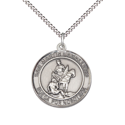 Women's .925 Sterling Silver Patron Saint St. Martin of Tours Medal Pendant with 18 Inch Rhodium Plated Lite Curb Brass Chain Catholic Religious Necklace - Made in USA, Deluxe Velvet Gift Box