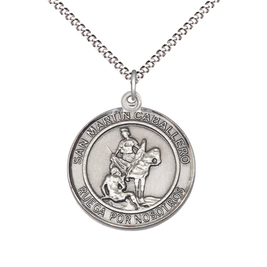 Women's .925 Sterling Silver Patron Saint St. Martin of Tours Medal Pendant with 18 Inch Rhodium Plated Lite Curb Brass Chain Catholic Religious Necklace - Made in USA, Deluxe Velvet Gift Box