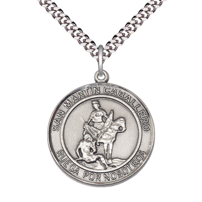 Mens Round Pewter Saint St. Martin of Tours Medal Pendant on 24 Inch Rhodium Plated Heavy Curb Brass Chain with Lobster Claw clasp, Catholic Religious Necklace - Made in USA- Deluxe Velvet Gift Box
