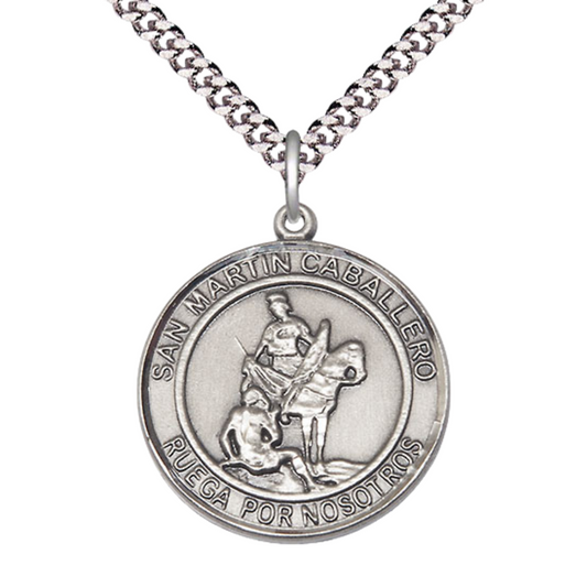Mens Round Pewter Saint St. Martin of Tours Medal Pendant on 24 Inch Rhodium Plated Heavy Curb Brass Chain with Lobster Claw clasp, Catholic Religious Necklace - Made in USA- Deluxe Velvet Gift Box