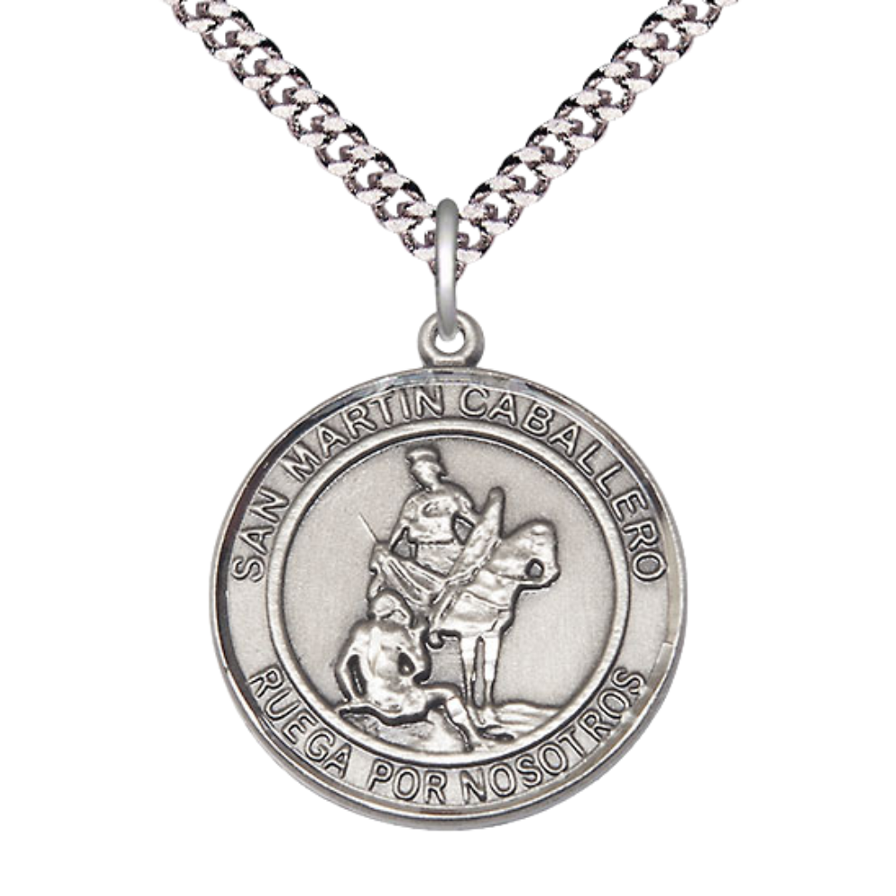 Mens .925 Sterling Silver Saint St. Martin of Tours Medal Pendant on 24 Inch Rhodium Plated Heavy Curb Brass Chain with Lobster Claw clasp, Catholic Religious Necklace - Made in USA- Velvet Gift Box