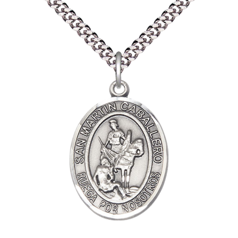 Everlasting Light Jewelry Men's Pewter Patron Saint St. Martin of Tours Medal Pendant with 24 Inch Rhodium Plated Heavy Curb Chain Catholic Religious Necklace - Made in USA, Deluxe Velvet Gift Box