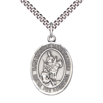 Everlasting Light Jewelry Men's Pewter Patron Saint St. Martin of Tours Medal Pendant with 24 Inch Rhodium Plated Heavy Curb Chain Catholic Religious Necklace - Made in USA, Deluxe Velvet Gift Box