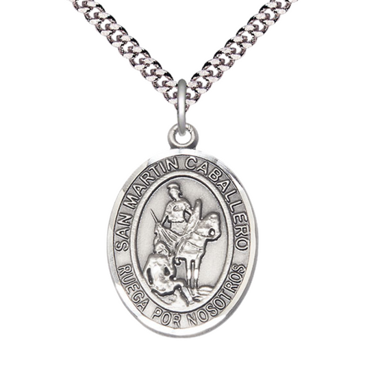 Everlasting Light Jewelry Men's Pewter Patron Saint St. Martin of Tours Medal Pendant with 24 Inch Rhodium Plated Heavy Curb Chain Catholic Religious Necklace - Made in USA, Deluxe Velvet Gift Box