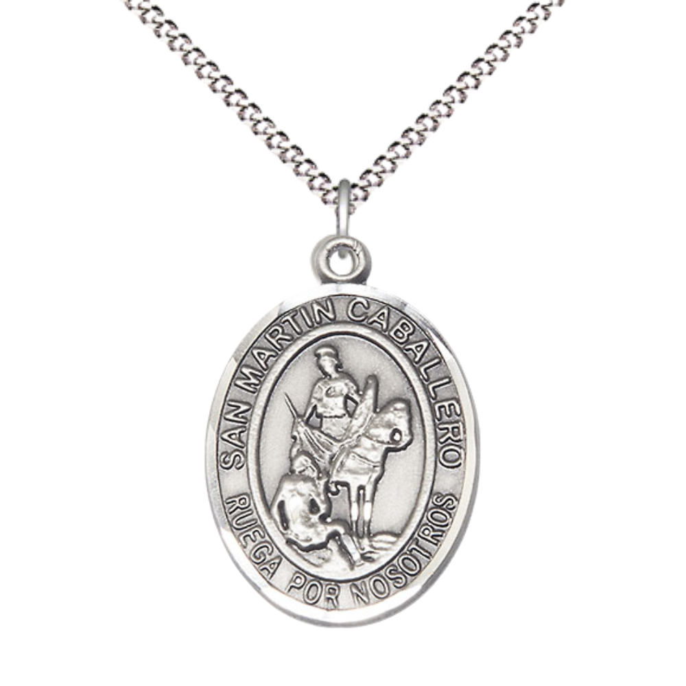 Women's .925 Sterling Silver Patron Saint St. Martin of Tours Medal Pendant on 18 Inch Rhodium Plated Lite Curb Brass Chain Catholic Religious Necklace - Made in USA, Deluxe Velvet Gift Box