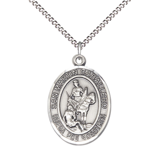 Women's .925 Sterling Silver Patron Saint St. Martin of Tours Medal Pendant on 18 Inch Rhodium Plated Lite Curb Brass Chain Catholic Religious Necklace - Made in USA, Deluxe Velvet Gift Box