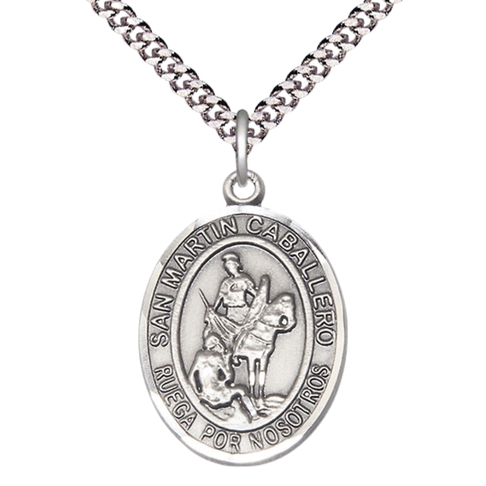Mens Oval Pewter Saint St. Martin of Tours Medal Pendant on 24 Inch Rhodium Plated Heavy Curb Brass Chain with Lobster Claw clasp, Catholic Religious Necklace - Made in USA- Deluxe Velvet Gift Box
