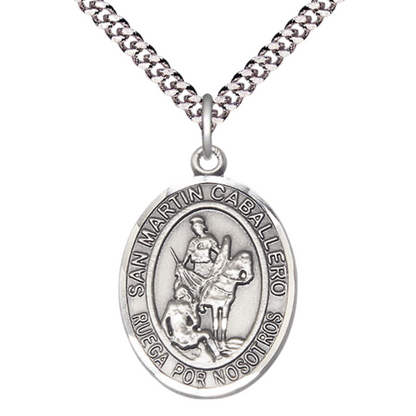 Mens Sterling Silver Saint Martin of Tours Medal Pendant on 24" Rhodium Plated Heavy Curb Brass Chain with Lobster Claw clasp, Catholic Religious Necklace -Made in USA- Velvet Gift Box