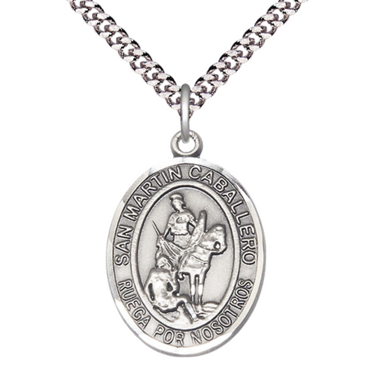 Mens Sterling Silver Saint Martin of Tours Medal Pendant on 24" Rhodium Plated Heavy Curb Brass Chain with Lobster Claw clasp, Catholic Religious Necklace -Made in USA- Velvet Gift Box