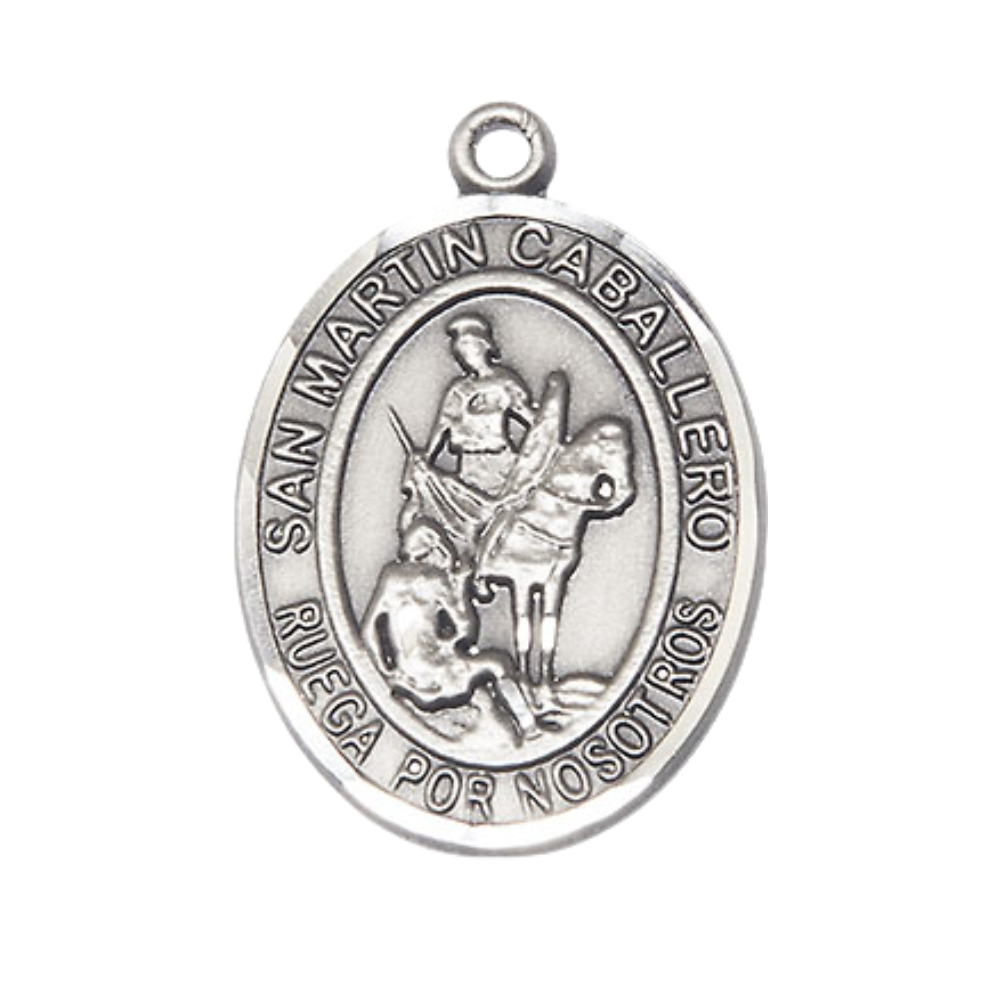 Mens Oval Pewter Saint St. Martin of Tours Medal Pendant on 24 Inch Rhodium Plated Heavy Curb Brass Chain with Lobster Claw clasp, Catholic Religious Necklace - Made in USA- Deluxe Velvet Gift Box