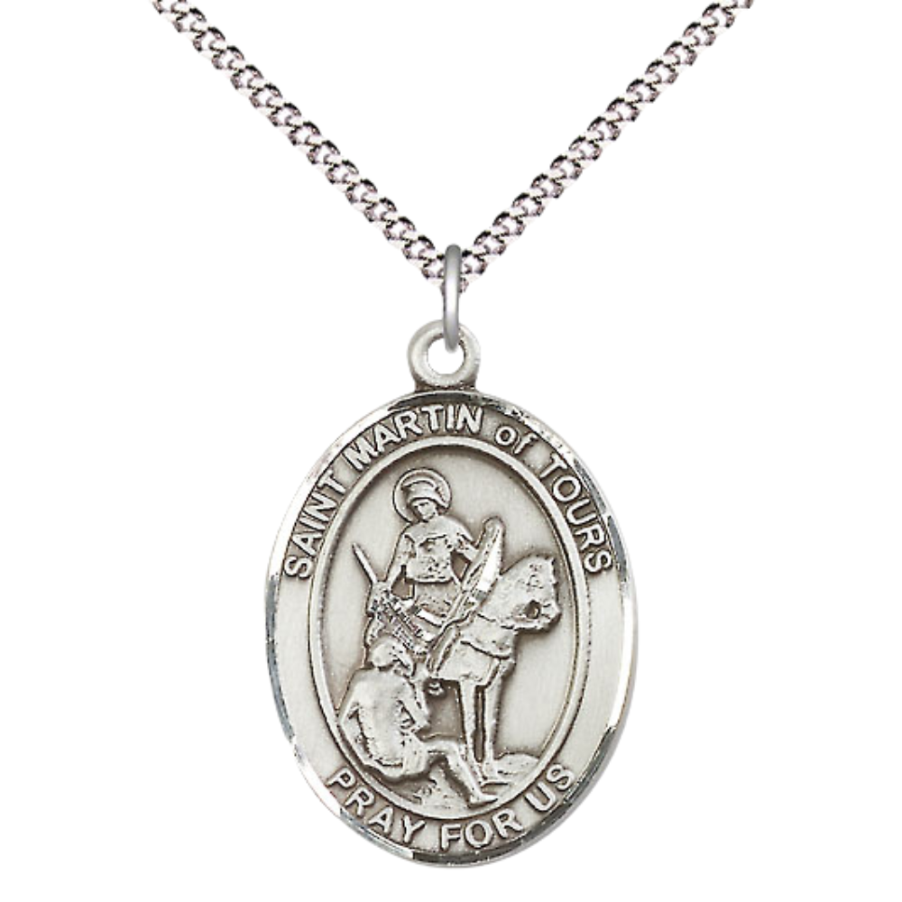 Women's .925 Sterling Silver Patron Saint St. Martin of Tours Medal Pendant with 18 Inch Rhodium Plated Lite Curb Brass Chain Catholic Religious Necklace - Made in USA, Deluxe Velvet Gift Box