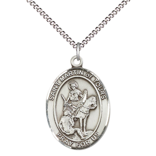 Women's .925 Sterling Silver Patron Saint St. Martin of Tours Medal Pendant with 18 Inch Rhodium Plated Lite Curb Brass Chain Catholic Religious Necklace - Made in USA, Deluxe Velvet Gift Box