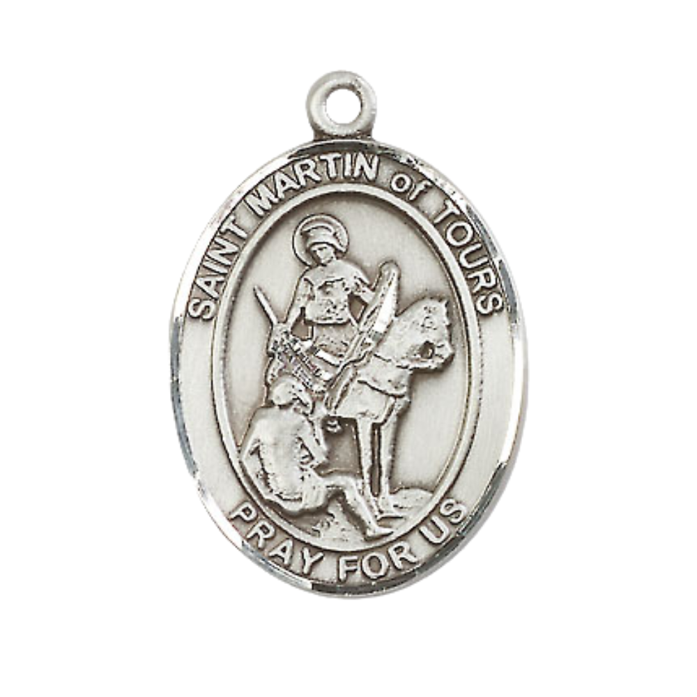 Women's .925 Sterling Silver Patron Saint St. Martin of Tours Medal Pendant with 18 Inch Rhodium Plated Lite Curb Brass Chain Catholic Religious Necklace - Made in USA, Deluxe Velvet Gift Box