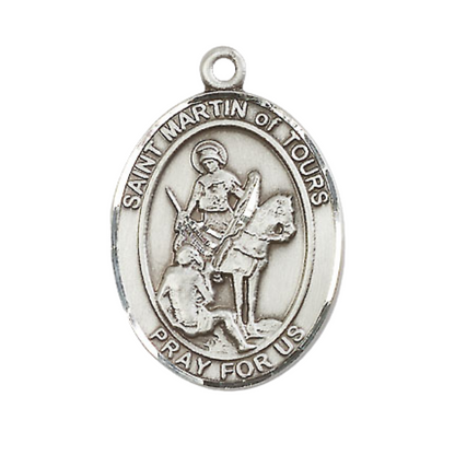 Women's .925 Sterling Silver Patron Saint St. Martin of Tours Medal Pendant with 18 Inch Rhodium Plated Lite Curb Brass Chain Catholic Religious Necklace - Made in USA, Deluxe Velvet Gift Box