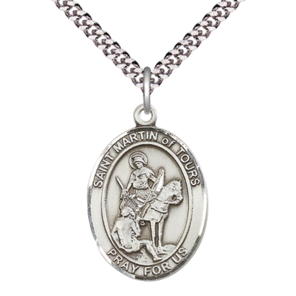 Mens Oval Pewter Saint Martin of Tours Medal Pendant on 24" Rhodium Plated Heavy Curb Brass Chain with Lobster Claw clasp , Catholic Religious Necklace -Made in USA - Deluxe Velvet Gift Box