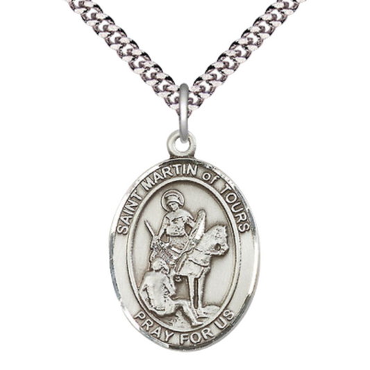Saint St. Martin of Tours Men's Medal Necklace – 24 Inch Endless Light Rhodium Plated Heavy Curb Chain – Patron Saint St. of Reformed Alcoholics – Elegant Catholic Religious Jewelry in Velvet Gift Box