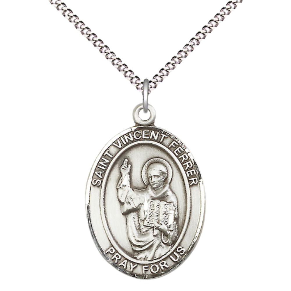 Women's .925 Sterling Silver Patron Saint St. Vincent Ferrer Medal Pendant with 18 Inch Rhodium Plated Lite Curb Brass Chain Catholic Religious Necklace - Made in USA, Deluxe Velvet Gift Box
