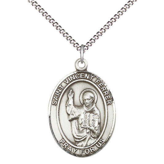 Women's .925 Sterling Silver Patron Saint St. Vincent Ferrer Medal Pendant with 18 Inch Rhodium Plated Lite Curb Brass Chain Catholic Religious Necklace - Made in USA, Deluxe Velvet Gift Box