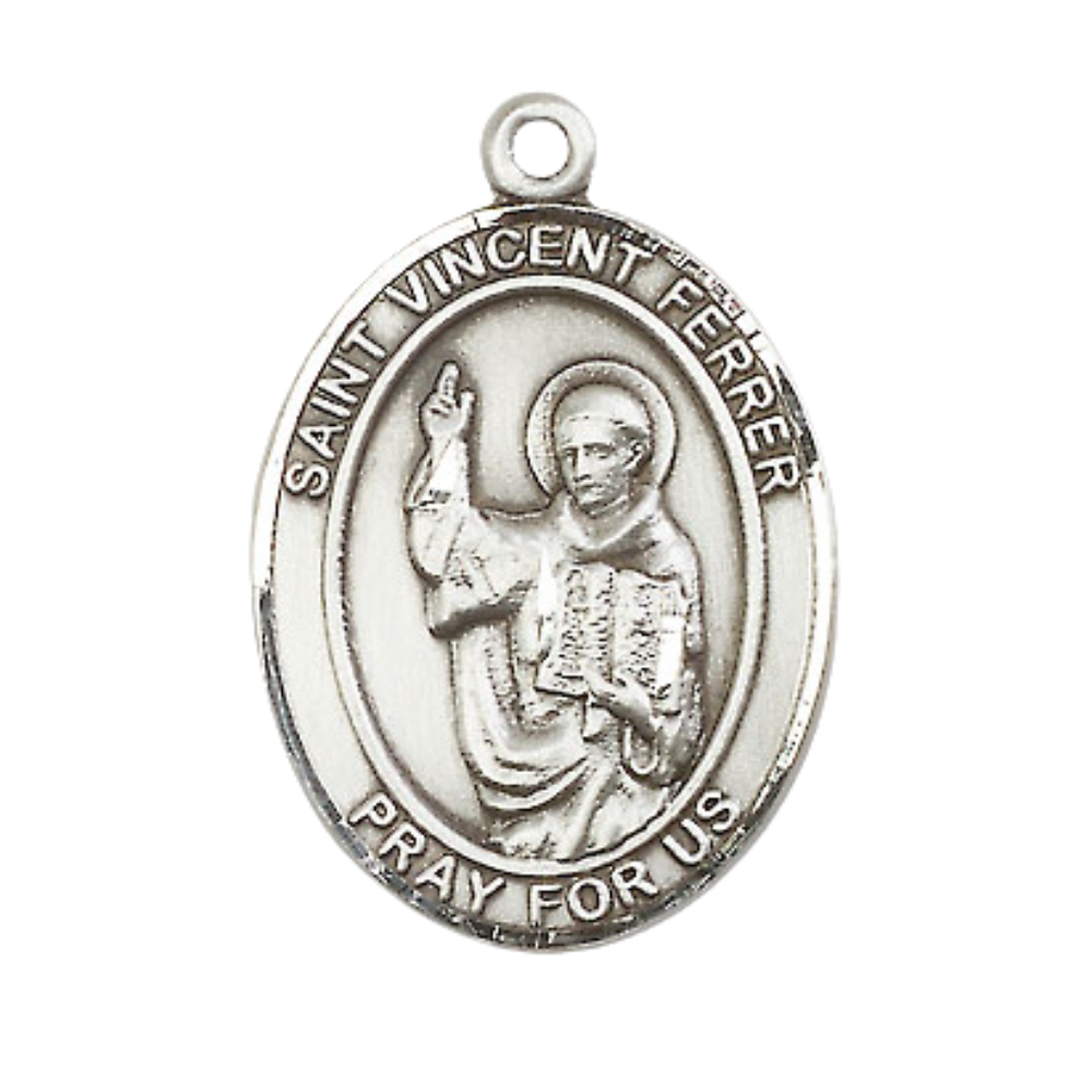 Saint St. Vincent Ferrer Medal Necklace – Men's Pewter Pendant on 24 Inch Light Rhodium Plated plated Chain – Catholic Patron Saint St. of Construction Workers – Velvet Gift Box Included