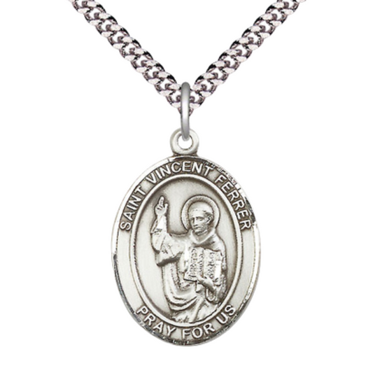 Saint St. Vincent Ferrer Medal Necklace – Men's Pewter Pendant on 24 Inch Light Rhodium Plated plated Chain – Catholic Patron Saint St. of Construction Workers – Velvet Gift Box Included