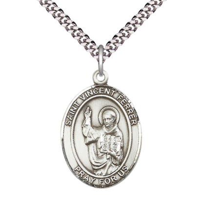 Saint St. Vincent Ferrer Medal Necklace – Men's .925 Sterling Silver Pendant on 24 Inch Light Rhodium Plated Heavy Curb Chain – Catholic Patron Saint St. of Construction Workers – Velvet Gift Box Included