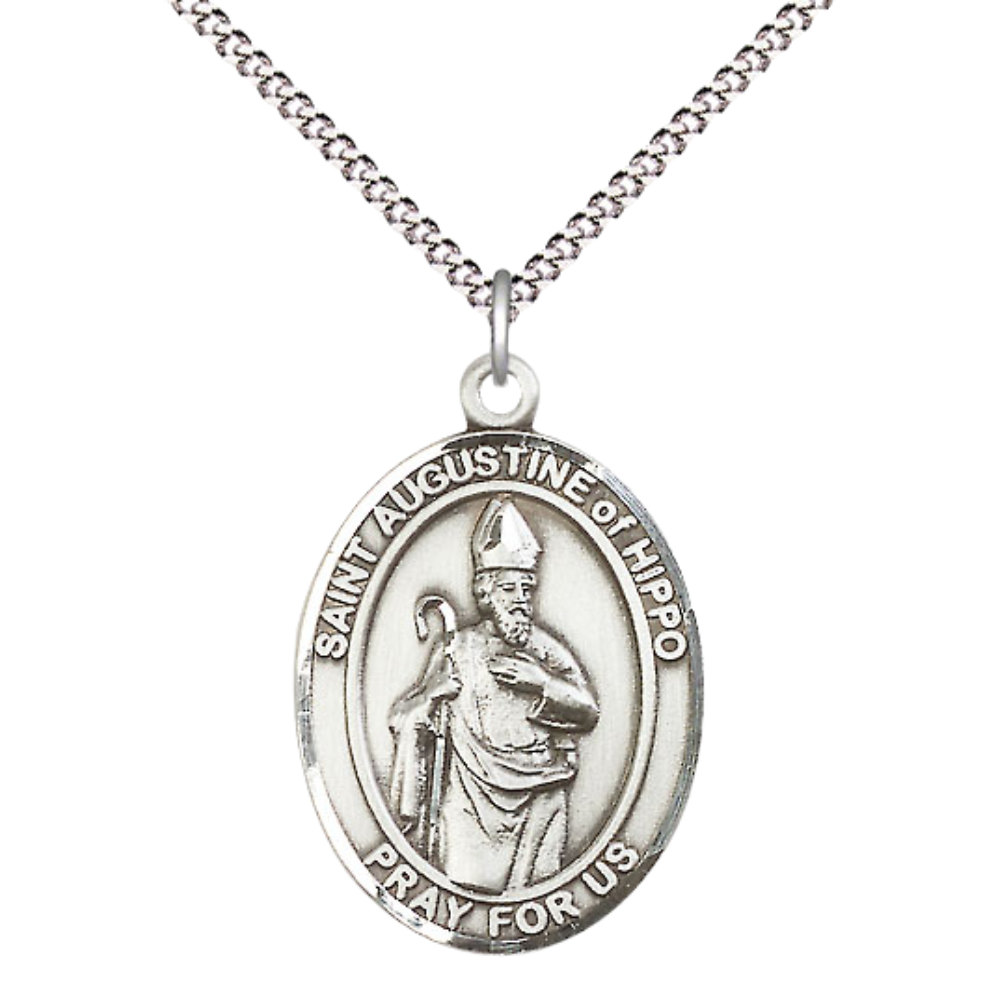 Women's .925 Sterling Silver Saint St. Augustine of Hippo Medal Pendant with 18 Inch Rhodium Plated Lite Curb Brass Chain Catholic Religious Necklace - Made in USA, Deluxe Velvet Gift Box