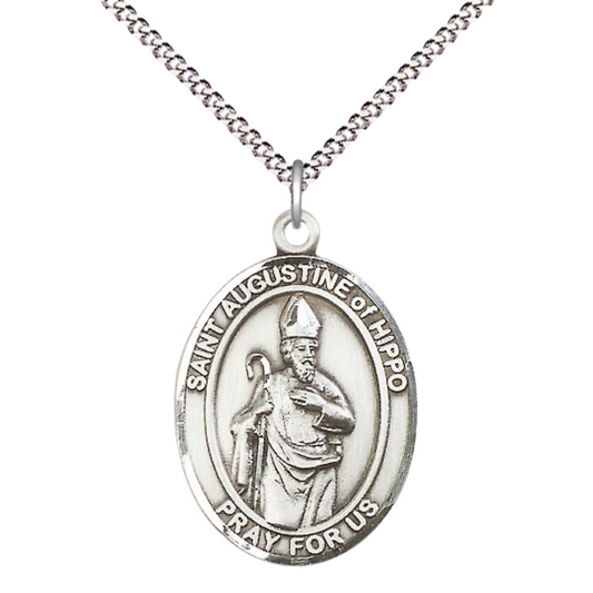 Women's .925 Sterling Silver Saint St. Augustine of Hippo Medal Pendant with 18 Inch Rhodium Plated Lite Curb Brass Chain Catholic Religious Necklace - Made in USA, Deluxe Velvet Gift Box