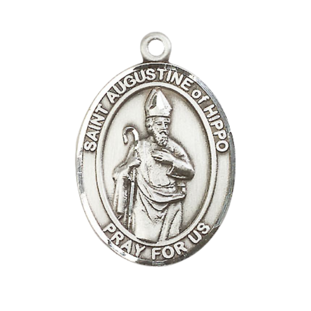Women's .925 Sterling Silver Saint St. Augustine of Hippo Medal Pendant with 18 Inch Rhodium Plated Lite Curb Brass Chain Catholic Religious Necklace - Made in USA, Deluxe Velvet Gift Box