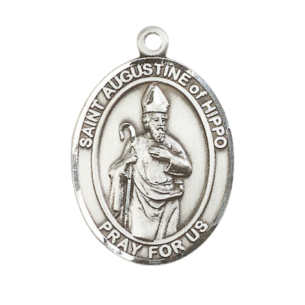 Saint St. Augustine of Hippo Medal Necklace– Men's .925 Sterling Silver Pendant on 24 Inch Light Rhodium Plated Heavy Curb Chain – Catholic Patron Saint St. of Brewers & Theologians – Velvet Gift Box Included