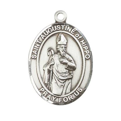 Mens Oval Pewter Saint St. Augustine of Hippo Medal Pendant on 24 Inch Rhodium Plated Heavy Curb Brass Chain with Lobster Claw clasp, Catholic Religious Necklace - Made in USA- Deluxe Velvet Gift Box