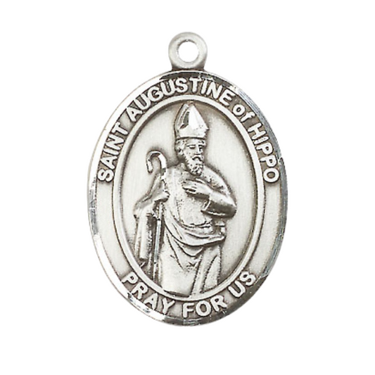 Mens Sterling Silver Saint Augustine of Hippo Medal Pendant on 24" Rhodium Plated Heavy Curb Brass Chain with Lobster Claw clasp, Catholic Religious Necklace -Made in USA- Velvet Gift Box