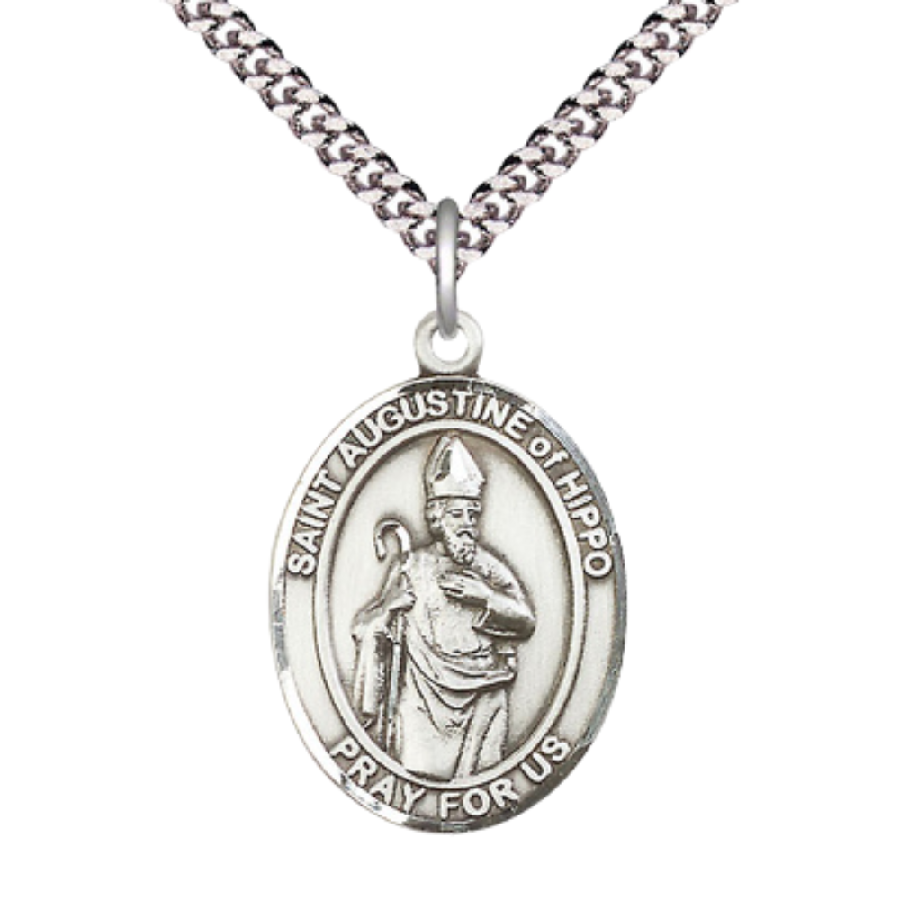 Saint St. Augustine of Hippo Medal Necklace– Men's .925 Sterling Silver Pendant on 24 Inch Light Rhodium Plated Heavy Curb Chain – Catholic Patron Saint St. of Brewers & Theologians – Velvet Gift Box Included