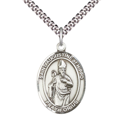 Mens Oval Pewter Saint St. Augustine of Hippo Medal Pendant on 24 Inch Rhodium Plated Heavy Curb Brass Chain with Lobster Claw clasp, Catholic Religious Necklace - Made in USA- Deluxe Velvet Gift Box