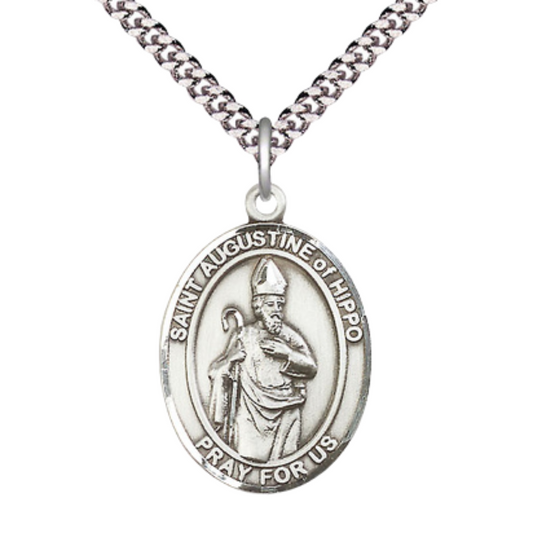 Mens Oval Pewter Saint St. Augustine of Hippo Medal Pendant on 24 Inch Rhodium Plated Heavy Curb Brass Chain with Lobster Claw clasp, Catholic Religious Necklace - Made in USA- Deluxe Velvet Gift Box