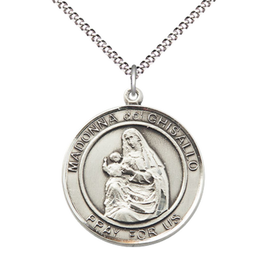 Women's Pewter Madonna del Ghisallo Medal Pendant on 18 Inch Rhodium Plated Lite Curb Brass Chain w/ Lobster Claw Clasp, Catholic Religious Necklace - Made in USA- Deluxe Velvet Gift Box
