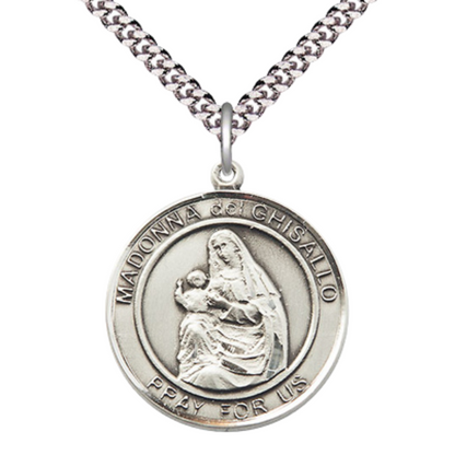 Mens Round Pewter Madonna del Ghisallo Medal Pendant on 24 Inch Rhodium Plated Heavy Curb Brass Chain with Lobster Claw clasp, Catholic Religious Necklace - Made in USA- Deluxe Velvet Gift Box